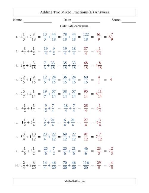 The Adding Two Mixed Fractions with Similar Denominators, Mixed Fractions Results and Some Simplifying (E) Math Worksheet Page 2