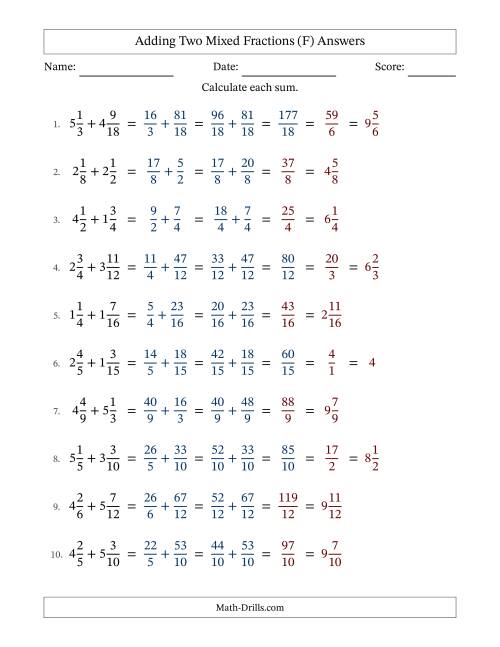 The Adding Two Mixed Fractions with Similar Denominators, Mixed Fractions Results and Some Simplifying (F) Math Worksheet Page 2