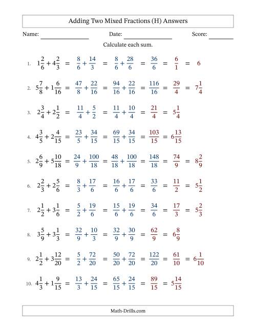 The Adding Two Mixed Fractions with Similar Denominators, Mixed Fractions Results and Some Simplifying (H) Math Worksheet Page 2