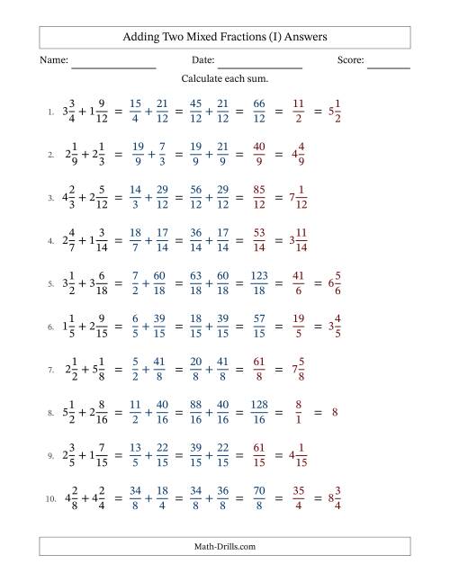 The Adding Two Mixed Fractions with Similar Denominators, Mixed Fractions Results and Some Simplifying (I) Math Worksheet Page 2