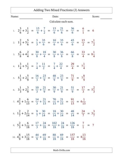 The Adding Two Mixed Fractions with Similar Denominators, Mixed Fractions Results and Some Simplifying (J) Math Worksheet Page 2