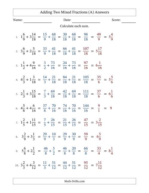 The Adding Two Mixed Fractions with Similar Denominators, Mixed Fractions Results and Some Simplifying (All) Math Worksheet Page 2