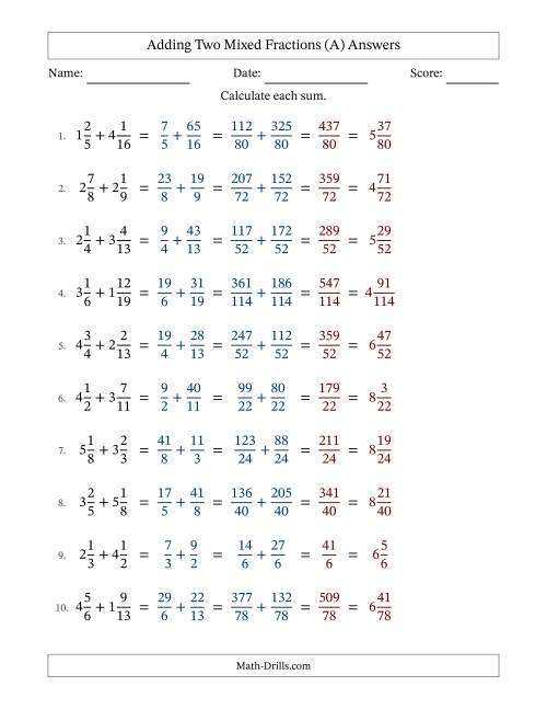 The Adding Two Mixed Fractions with Unlike Denominators, Mixed Fractions Results and No Simplifying (A) Math Worksheet Page 2