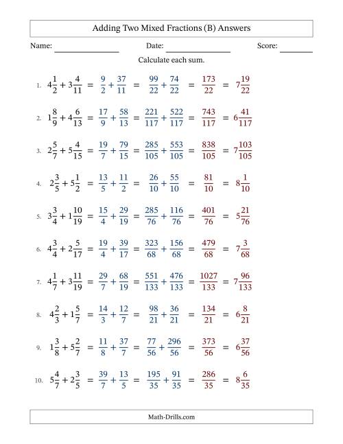 The Adding Two Mixed Fractions with Unlike Denominators, Mixed Fractions Results and No Simplifying (B) Math Worksheet Page 2