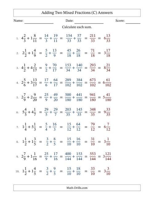 The Adding Two Mixed Fractions with Unlike Denominators, Mixed Fractions Results and No Simplifying (C) Math Worksheet Page 2