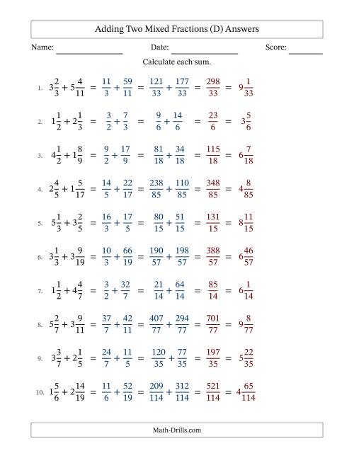 The Adding Two Mixed Fractions with Unlike Denominators, Mixed Fractions Results and No Simplifying (D) Math Worksheet Page 2