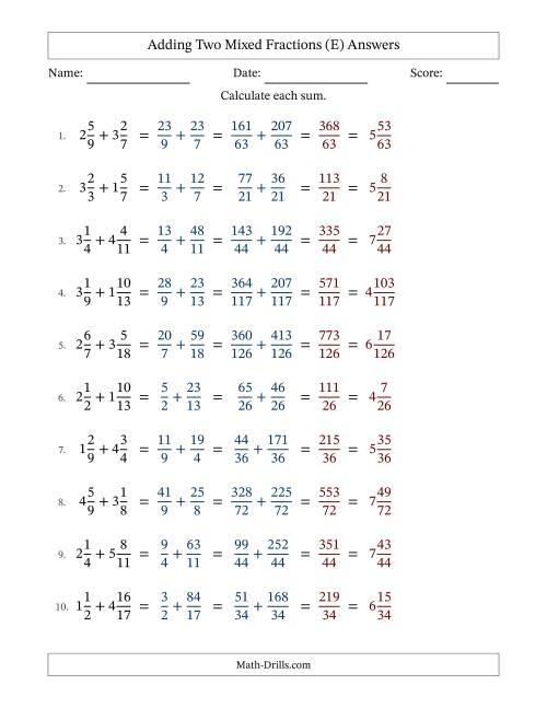 The Adding Two Mixed Fractions with Unlike Denominators, Mixed Fractions Results and No Simplifying (E) Math Worksheet Page 2