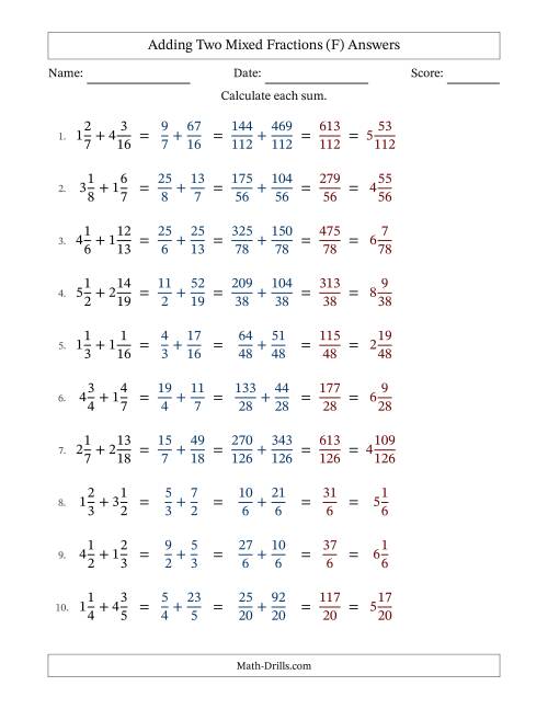 The Adding Two Mixed Fractions with Unlike Denominators, Mixed Fractions Results and No Simplifying (F) Math Worksheet Page 2