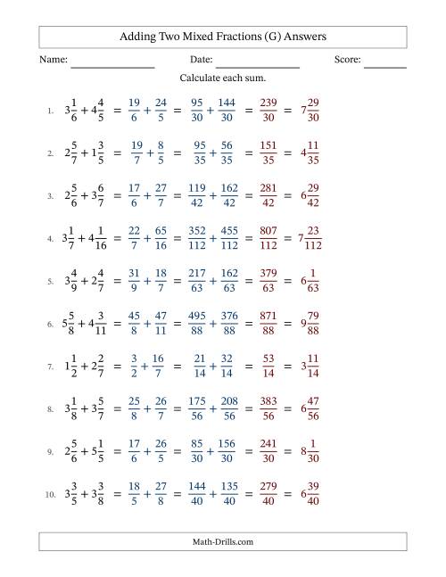 The Adding Two Mixed Fractions with Unlike Denominators, Mixed Fractions Results and No Simplifying (G) Math Worksheet Page 2