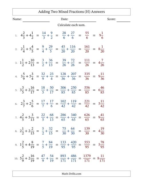 The Adding Two Mixed Fractions with Unlike Denominators, Mixed Fractions Results and No Simplifying (H) Math Worksheet Page 2