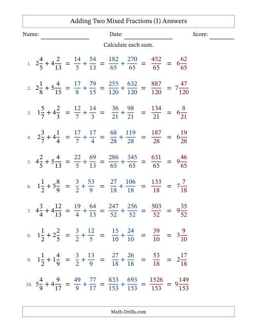The Adding Two Mixed Fractions with Unlike Denominators, Mixed Fractions Results and No Simplifying (I) Math Worksheet Page 2