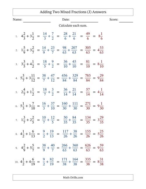 The Adding Two Mixed Fractions with Unlike Denominators, Mixed Fractions Results and No Simplifying (J) Math Worksheet Page 2