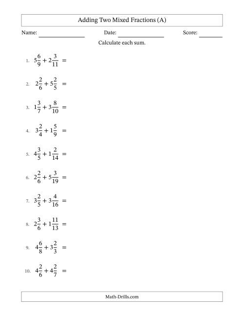 The Adding Two Mixed Fractions with Unlike Denominators, Mixed Fractions Results and All Simplifying (A) Math Worksheet