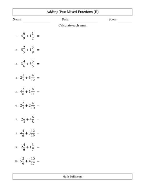 The Adding Two Mixed Fractions with Unlike Denominators, Mixed Fractions Results and All Simplifying (B) Math Worksheet