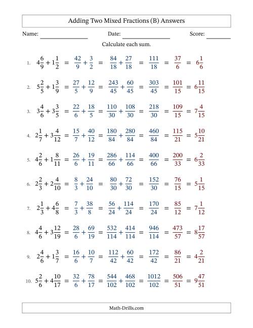 The Adding Two Mixed Fractions with Unlike Denominators, Mixed Fractions Results and All Simplifying (B) Math Worksheet Page 2