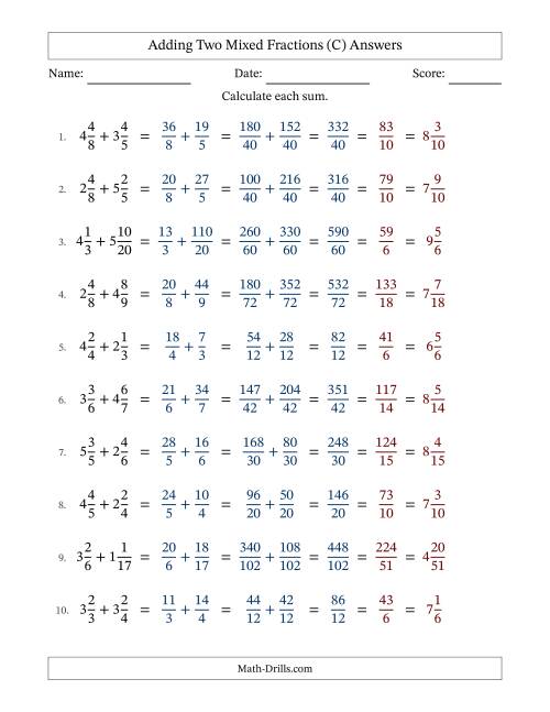 The Adding Two Mixed Fractions with Unlike Denominators, Mixed Fractions Results and All Simplifying (C) Math Worksheet Page 2