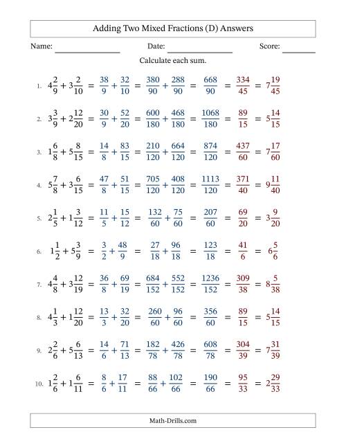 The Adding Two Mixed Fractions with Unlike Denominators, Mixed Fractions Results and All Simplifying (D) Math Worksheet Page 2