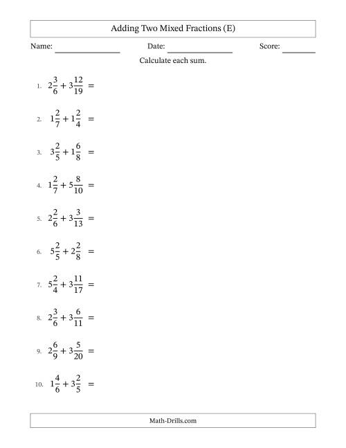 The Adding Two Mixed Fractions with Unlike Denominators, Mixed Fractions Results and All Simplifying (E) Math Worksheet