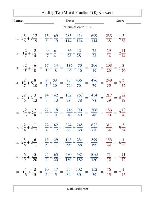 The Adding Two Mixed Fractions with Unlike Denominators, Mixed Fractions Results and All Simplifying (E) Math Worksheet Page 2