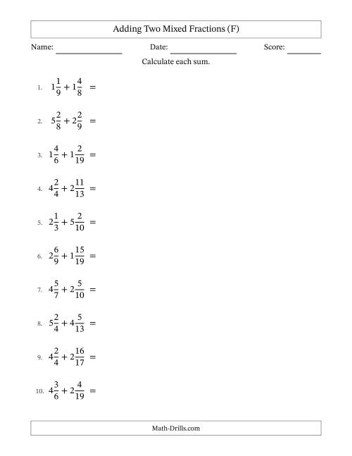 The Adding Two Mixed Fractions with Unlike Denominators, Mixed Fractions Results and All Simplifying (F) Math Worksheet