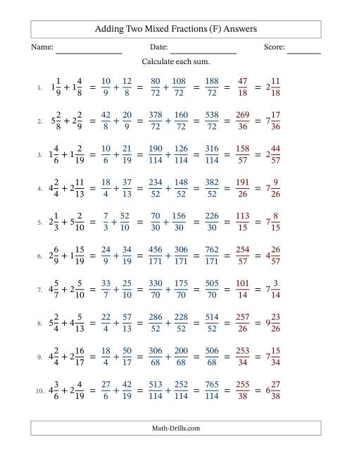 The Adding Two Mixed Fractions with Unlike Denominators, Mixed Fractions Results and All Simplifying (F) Math Worksheet Page 2