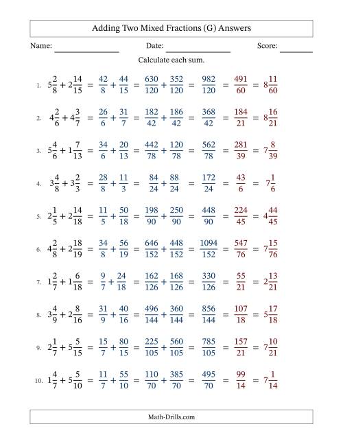 The Adding Two Mixed Fractions with Unlike Denominators, Mixed Fractions Results and All Simplifying (G) Math Worksheet Page 2