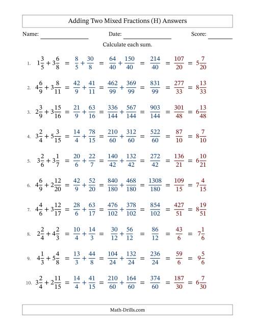 The Adding Two Mixed Fractions with Unlike Denominators, Mixed Fractions Results and All Simplifying (H) Math Worksheet Page 2