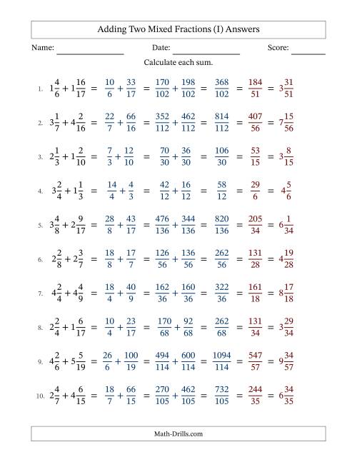 The Adding Two Mixed Fractions with Unlike Denominators, Mixed Fractions Results and All Simplifying (I) Math Worksheet Page 2