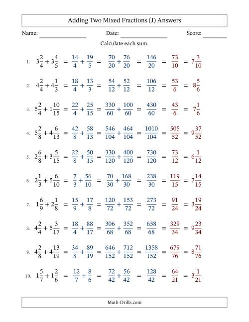 The Adding Two Mixed Fractions with Unlike Denominators, Mixed Fractions Results and All Simplifying (J) Math Worksheet Page 2