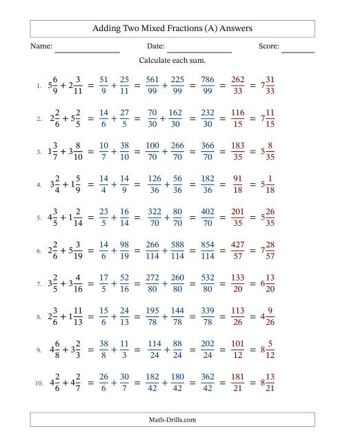 The Adding Two Mixed Fractions with Unlike Denominators, Mixed Fractions Results and All Simplifying (All) Math Worksheet Page 2