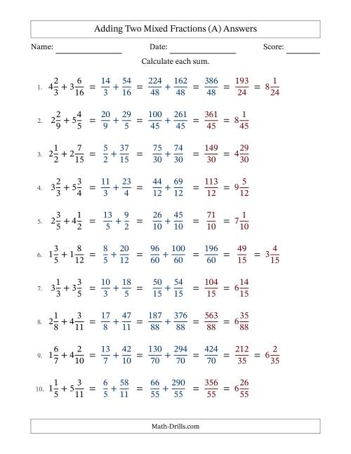 The Adding Two Mixed Fractions with Unlike Denominators, Mixed Fractions Results and Some Simplifying (A) Math Worksheet Page 2