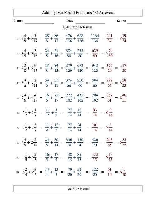 The Adding Two Mixed Fractions with Unlike Denominators, Mixed Fractions Results and Some Simplifying (B) Math Worksheet Page 2