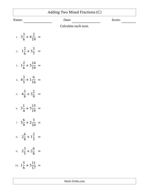 The Adding Two Mixed Fractions with Unlike Denominators, Mixed Fractions Results and Some Simplifying (C) Math Worksheet