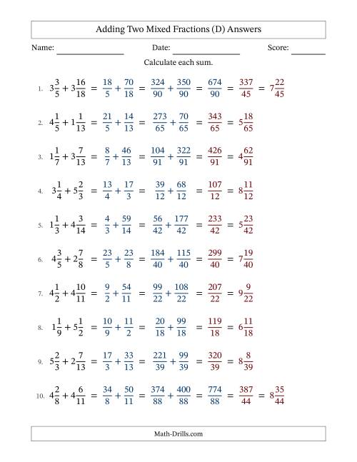 The Adding Two Mixed Fractions with Unlike Denominators, Mixed Fractions Results and Some Simplifying (D) Math Worksheet Page 2