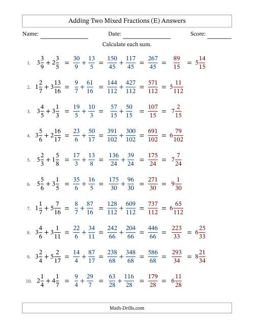 The Adding Two Mixed Fractions with Unlike Denominators, Mixed Fractions Results and Some Simplifying (E) Math Worksheet Page 2