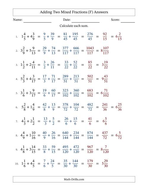 The Adding Two Mixed Fractions with Unlike Denominators, Mixed Fractions Results and Some Simplifying (F) Math Worksheet Page 2