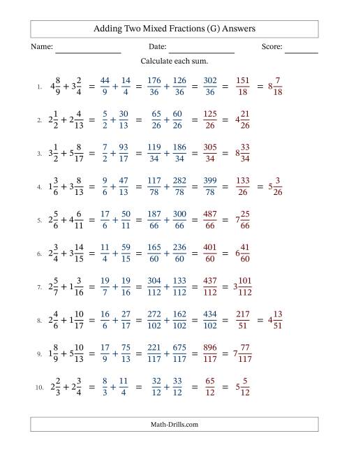 The Adding Two Mixed Fractions with Unlike Denominators, Mixed Fractions Results and Some Simplifying (G) Math Worksheet Page 2