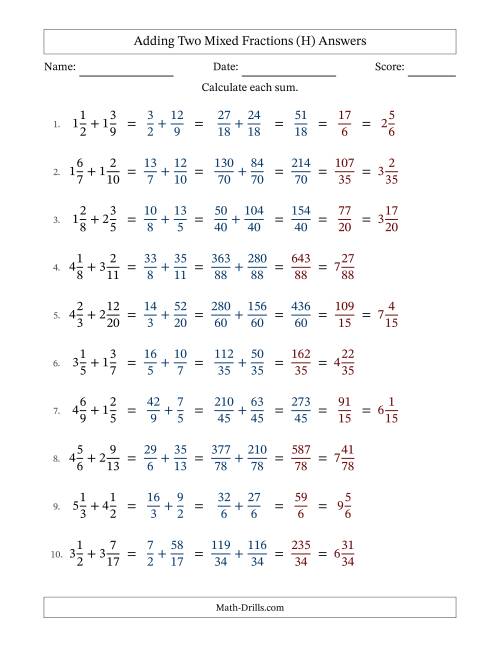 The Adding Two Mixed Fractions with Unlike Denominators, Mixed Fractions Results and Some Simplifying (H) Math Worksheet Page 2
