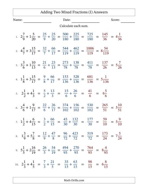 The Adding Two Mixed Fractions with Unlike Denominators, Mixed Fractions Results and Some Simplifying (I) Math Worksheet Page 2