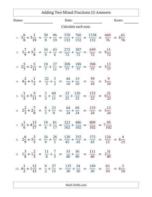 The Adding Two Mixed Fractions with Unlike Denominators, Mixed Fractions Results and Some Simplifying (J) Math Worksheet Page 2