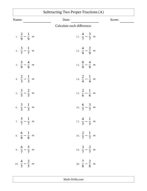 The Subtracting Two Proper Fractions with Equal Denominators, Proper Fractions Results and No Simplifying (A) Math Worksheet