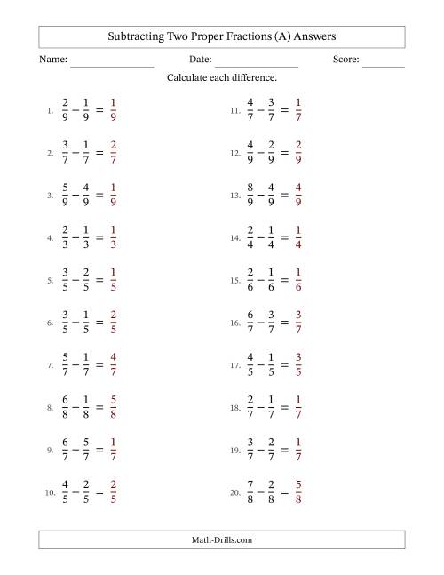 The Subtracting Two Proper Fractions with Equal Denominators, Proper Fractions Results and No Simplifying (A) Math Worksheet Page 2