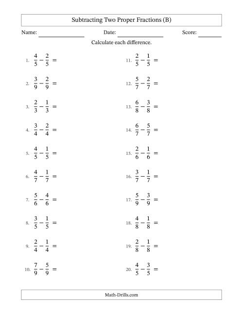 The Subtracting Two Proper Fractions with Equal Denominators, Proper Fractions Results and No Simplifying (B) Math Worksheet