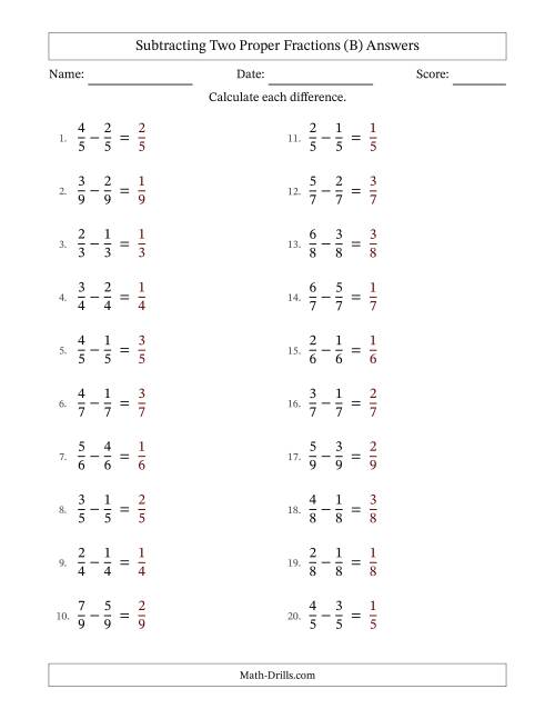 The Subtracting Two Proper Fractions with Equal Denominators, Proper Fractions Results and No Simplifying (B) Math Worksheet Page 2