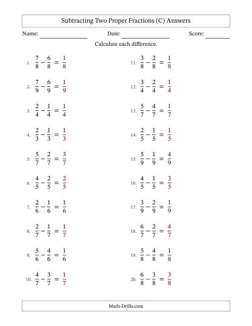 The Subtracting Two Proper Fractions with Equal Denominators, Proper Fractions Results and No Simplifying (C) Math Worksheet Page 2
