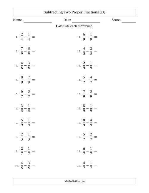 The Subtracting Two Proper Fractions with Equal Denominators, Proper Fractions Results and No Simplifying (D) Math Worksheet