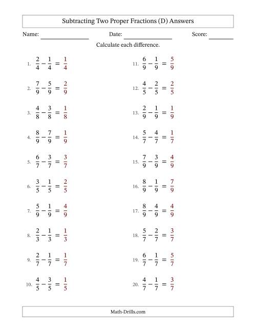 The Subtracting Two Proper Fractions with Equal Denominators, Proper Fractions Results and No Simplifying (D) Math Worksheet Page 2