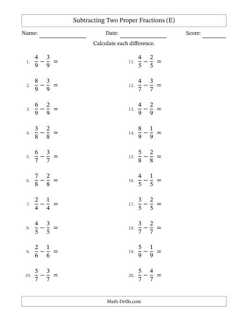 The Subtracting Two Proper Fractions with Equal Denominators, Proper Fractions Results and No Simplifying (E) Math Worksheet