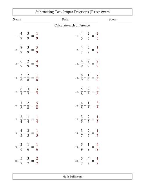 The Subtracting Two Proper Fractions with Equal Denominators, Proper Fractions Results and No Simplifying (E) Math Worksheet Page 2