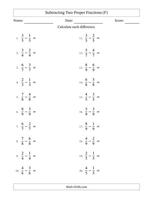 The Subtracting Two Proper Fractions with Equal Denominators, Proper Fractions Results and No Simplifying (F) Math Worksheet